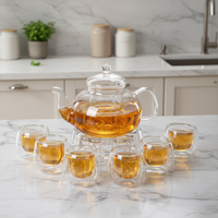 Ensemble de théière en verre borosilicate transparent en gros, ensemble de tasses à thé en verre, théière à fleurs, théière en verre avec infuseur et chauffe-thé
