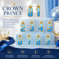 Bougies d'anniversaire numérotées bleues dégradées sur le thème du Petit Prince, bougies de gâteau à chiffres 0-9 avec couronne dorée scintillante pour fête de garçon