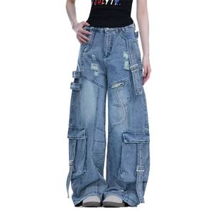 กางเกงยีนส์ทรงแบ็กกี้แบบใหม่สำหรับผู้หญิง ผ้าฝ้าย 100% สไตล์ Y2K มีกระเป๋าหลายช่อง กางเกงคาร์โก้ผ้าเดนิมสำหรับผู้หญิง - Product Image 4