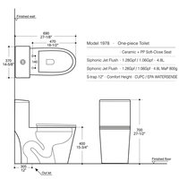 WC monobloc allongé avec abattant à fermeture douce, chasse d'eau siphonique, certifié CUPC WaterSense, cuvette en céramique blanche brillante pour salle de bain