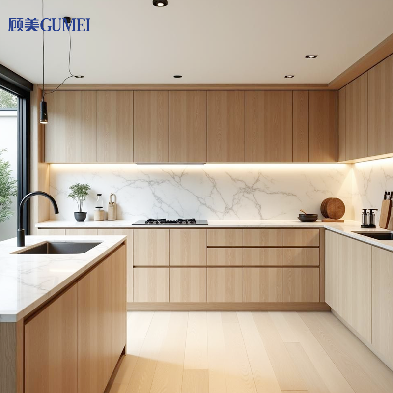 Modular Minimalist Style Ready-to-install Integrated Design Smart Wooden Countertop Kitchen Cabinets with Storage Island