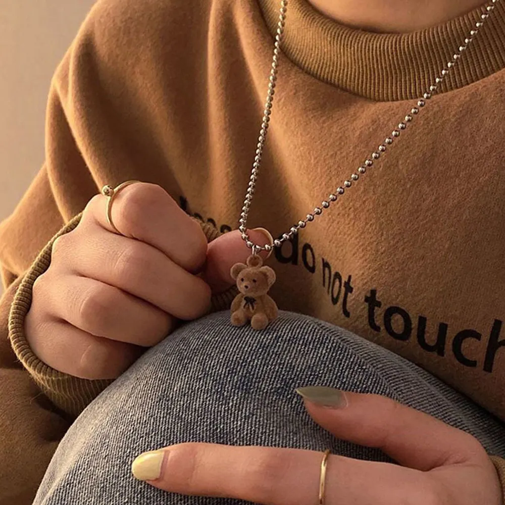 2022 New Korean Fashion Cute Plush Pendant Bear Long Sweater Chain Necklace Collar Jewelry Girl And Women Charm Bear Necklace