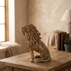 Handgefertigte Traditionelle Teakholz-Löwenskulptur - Rechteckige Natürliche Holz-Tierdekoration für Zuhause und Büro, Bodenmontage von Gubuk Bali - Product Image 3