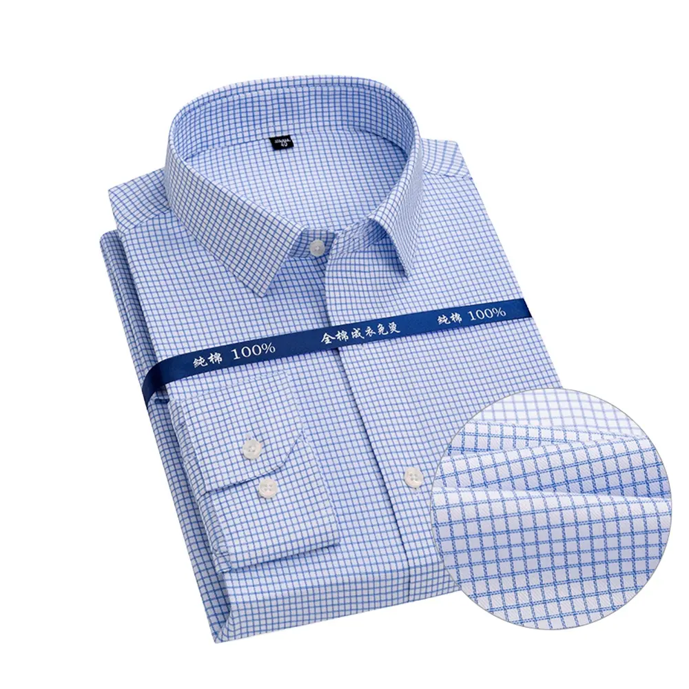 Ready to Ship High Quality Men's Blue Small Check Shirt Pure Cotton Long Sleeve DP Non Iron Dress Shirt For Men