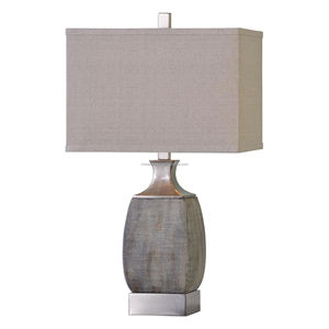 Lámpara de Mesa Moderna de Cerámica Gris Texturizada con Detalles Plateados y Pantalla Rectangular de Lino |   Iluminación Neutral Elegante para el Vestíbulo de un Hotel - Product Image 1