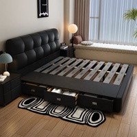 Lit de rangement en cuir noir capitonné avec tiroirs, sommier à lattes en bois massif, lit King/Queen, meuble gain de place pour chambre à coucher