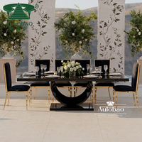 Table de salle à manger rectangulaire en acier inoxydable au design moderne avec plateau en verre trempé durable noir pour événements et fêtes en plein air