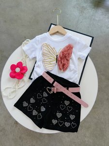 New Style Girls Short <strong>Sleeves</strong> 3D <strong>butterfly</strong> T-shirt <strong>Top</strong> + Sequined Jeans Shorts 2 Pcs Outfit Clothing Set - Product Image 2