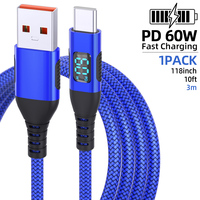 Cable de Carga USB a USB C con Pantalla LED Digital de 1m 2m 3m, Cable de Datos PD de 60W, Accesorios para Teléfono, Venta al Por Mayor