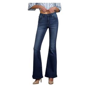 Nouveau design, logo personnalisé, jeans évasés taille haute, délavés à l'acide, bleu foncé, pour femmes - Product Image 1