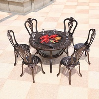 Barbecue en aluminium moulé en table ronde avec foyer et couvercles au milieu, 6 chaises en métal, table multifonctionnelle de 122 cm pour le jardin