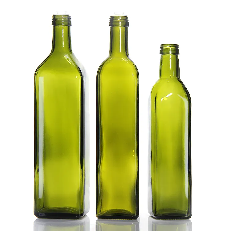 250Ml 500Ml 750Ml 1000Ml Bouteille d'huile d'olive carrée en verre vert avec couvercle en plastique