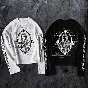 เสื้อยืดโอเวอร์ไซส์พิมพ์ลายกราฟิกสตรีทแวร์ผ้าคอตตอนเนื้อหนัก แขนยาว ระบายอากาศได้ดี ผ้าวาฟเฟิลคุณภาพสูงสำหรับผู้ชาย - Product Image 1