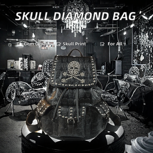Halloween Themed PU Polyester Diamond <b>Studded</b> Skull Shaped Portable <b>Backpack</b> Flip Cover Fashionable Personalized Unisex Style - Product Image 2