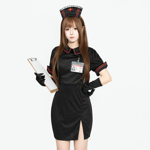 Conjunto de uniforme de enfermera negro para mujer, disfraz de juego de rol, falda con sombrero, guantes, tarjeta de identificación, disfraces para juegos de adultos - Product Image 1