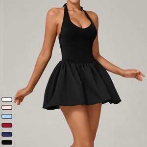 Falda de tenis para <span class=keywords><strong>mujer</strong></span> con conjuntos deportivos desnudos transpirables incorporados para correr al aire libre Fitness vestido con cordones Halter con bolsillos - Product Image 4