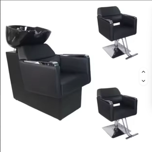 Station de lavage de cheveux pour salon de beauté et barbier, avec bac inclinable en céramique blanc et noir et siège réglable - Product Image 5