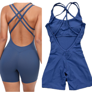 Combinaison de sport de yoga en gros pour filles, short sans manches léger en nylon antibactérien, couleur unie, simple - Product Image 1