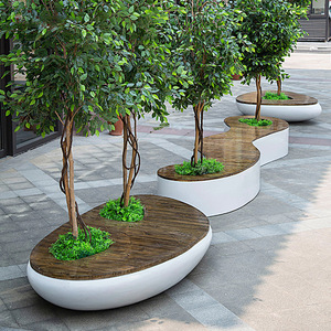 Plastic <b>Tree</b> <b>Planter</b> Bench With Wood Top <b>For</b> Mall Indoor Outdoor Seating - Product Image 1