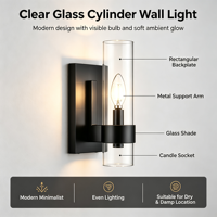 Applique murale LED contemporaine en fer avec abat-jour en verre noir, lampe murale pour usage intérieur, style ferme, éclairage de vanité à économie d'énergie