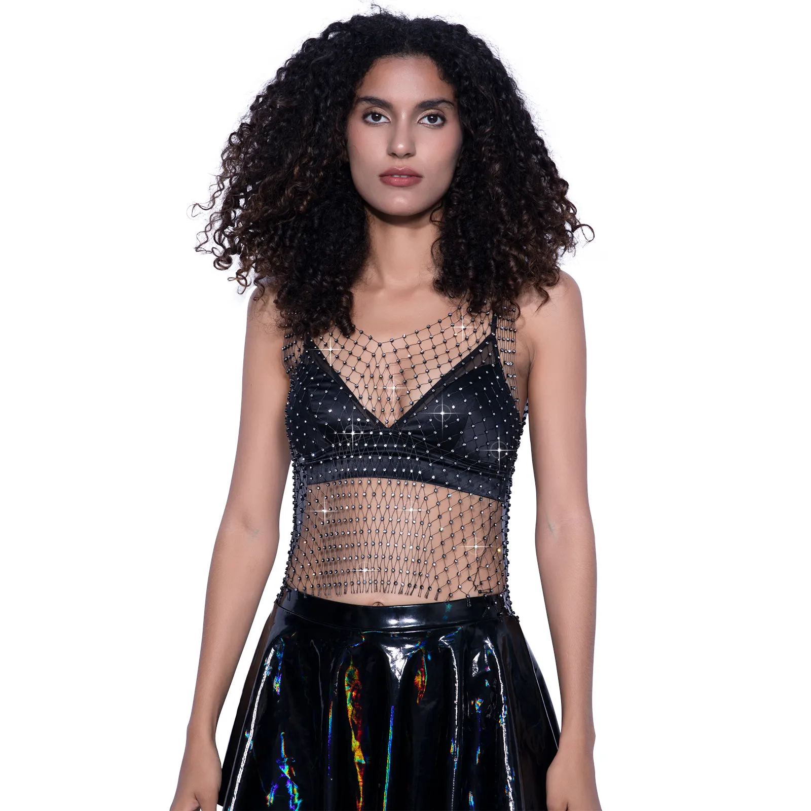 Women's rhinestone fashion party see-through fishnet vest hollowed-out halter top