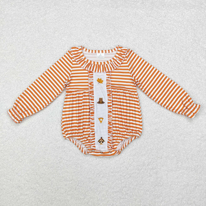 Conjunto de pantalones y pelele de manga larga con volantes y bordado de Acción de Gracias a rayas para bebés y niñas, ropa de otoño de boutique - Product Image 3