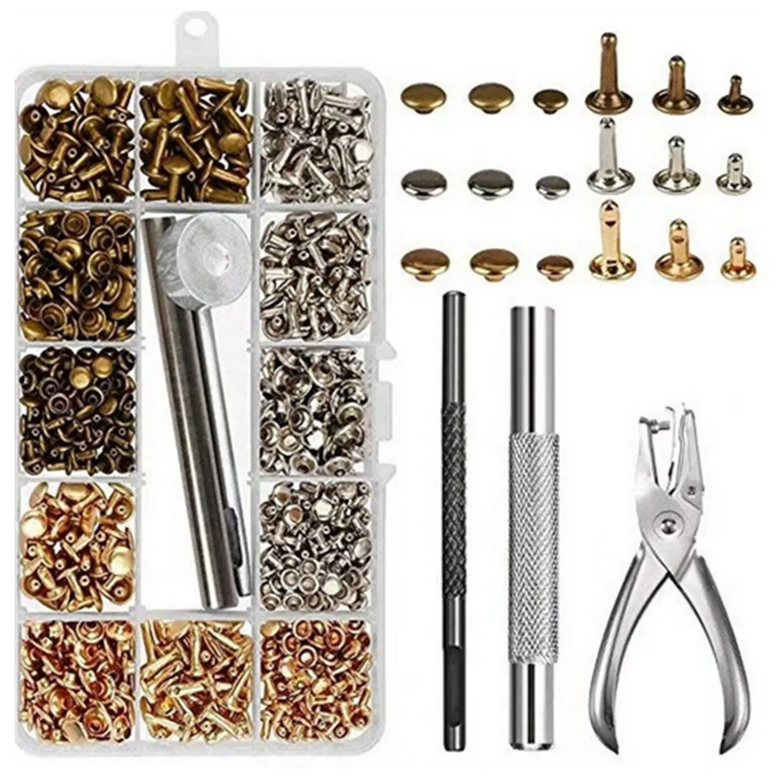 300 Sets Leather Rivets DIY Leather Craft Double Cap Rivet Tubular Metal Studs with Punch Pliers Fixing Set Tools