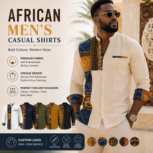 African Men's Casual <b>Shirts</b> <b>Patchwork</b> Ethnic Print Mandarin Collar Long Sleeve Cotton Linen Custom Logo Resort Wear - Product Image 1