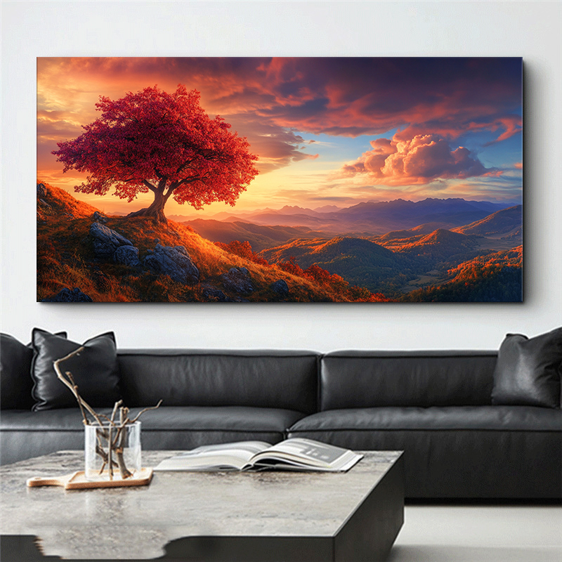 1pc Canvas Printed Stretch Frame Breathtaking Red Tree Sunset Canvas Wall Art Landscape Print Wall Art for Home Decoration