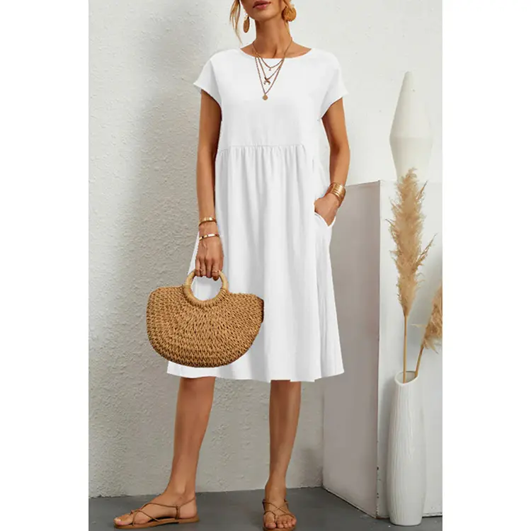 Support OEM customization of women's solid color loose length dresses for summer casual women's linen dresses