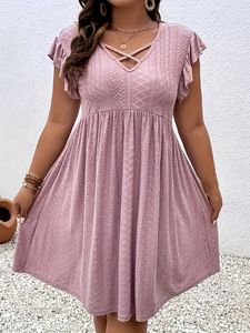 Robe décontractée en mousseline unie pour femme, longueur genou, coupe trapèze, avec dentelle, taille naturelle, idéale pour l'été - Product Image 5