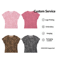 T-shirt court côtelé imprimé léopard 210G pour femme, coupe ajustée, col rond, manches courtes, style Y2K streetwear décontracté pour l'été
