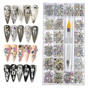 12 Grids 3D Acrylic Flower Nail Parts Decoration Mixed Steel Beads Gems  Charms Kawaii Nail Supplies for Professional Accessories