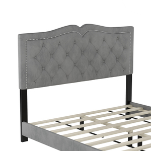 Full <b>Size</b> Upholstered <b>Bed</b> Frame with Rivet Design, Modern Velvet Platform <b>Bed</b> with Tufted Headboard Gray for Bedroom - Product Image 4