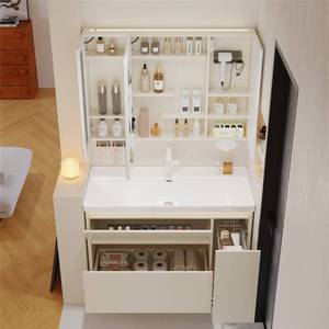 Meuble de salle de bain de luxe léger en bois massif de haute qualité, couleur crème, imperméable et résistant à l'humidité - Product Image 2