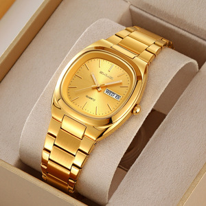 Skmei Quartz Watch Men's Gold Stainless Steel Band Oval Dial 35.5mm Water Resistant Calendar Business Style - Product Image 1