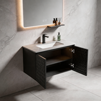 Meuble-lavabo de salle de bain gris foncé ultra-plat suspendu avec panneaux géométriques en relief et miroir LED à capteur tactile