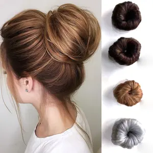 Messy Hair Bun seda reta Ondulado Chignon humano para as mulheres Updo Donut Hair Pad Elastic Hair Rope Rubber Band Hairpiece Black