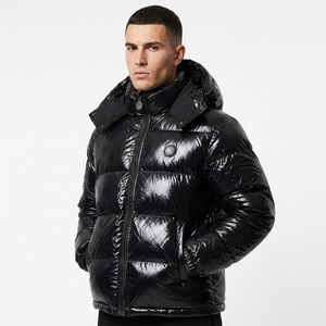 Veste matelassée décontractée pour homme, noire, à capuche, en toile imperméable et respirante, avec fermeture éclair, couleur unie, épaisse et chaude pour l'hiver - Product Image 1