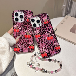 Glitter Leopard Bow Cherry Mobile Phone case for iPhone 17 16 15 14 13 Pro Max charms Love IMD Chain pink PC back <b>Cover</b> New - Product Image 1
