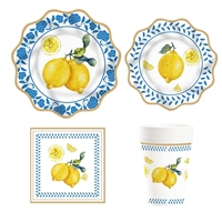DAMAI Ensemble de vaisselle de fête d'anniversaire thème citron jaune, décoration estivale, assiettes et serviettes en papier découpées, 100 pièces, haute qualité, très demandé