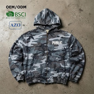 ผู้ผลิต ODM เสื้อฮู้ดดี้ลายพรางขนาดใหญ่แบบซิป ผ้าฝ้ายพิมพ์ลายพัฟ สตรีทแวร์ ลายสาดสี เสื้อฮู้ดดี้แบบดิสเทรส - Product Image 1