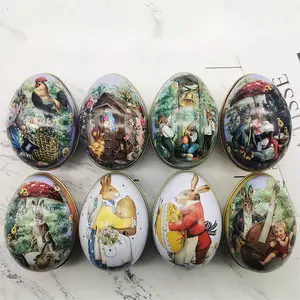 Pasen Ijzeren Eivormige Doos Voor Snoep Chocolade Verpakking Blikken Doos Met Konijn Familie Paaskleurrijk Ornament