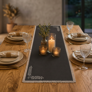 Chemin de table en coton premium gris foncé avec broderie de feuilles blanches et bords frangés |   Décoration élégante de table à manger - Product Image 1
