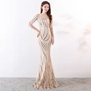 1372# high-end big name sequin stripes matching color slender ladies dinner host annual dress long woman