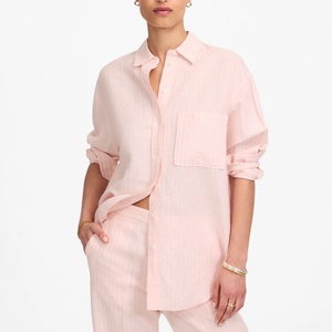 Conjunto de Lino Casual y Formal para Mujer, Primavera-Otoño 2025, Venta al Por Mayor, Alta Calidad, Personalizable, Camisa a Rayas de Manga Larga, 2 Piezas - Product Image 2