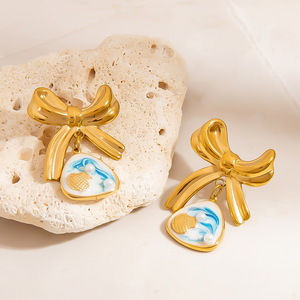 ต่างหูสแตนเลสทรงโบว์พร้อมจี้รูปมหาสมุทรสำหรับผู้หญิง เครื่องประดับแฟชั่น - Product Image 4