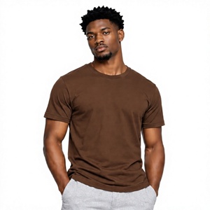 Camiseta de Manga Corta para Hombre, Color Marrón, Cuello Redondo, Corte Regular, Informal, de Algodón Tejido, Color Sólido, Diseño Liso - Product Image 1