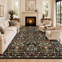 Tapis vintage floral bohème vieilli 6x9 noir lavable antidérapant pour salon, salle à manger, chambre d'enfant, chambre à coucher, décoration intérieure