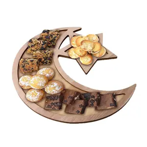 Bandeja de servicio EID Mubarak, adornos de madera para decoraciones de Ramadán, postres, luna, estrellas, bandeja para servir, plato para moscas, 2021